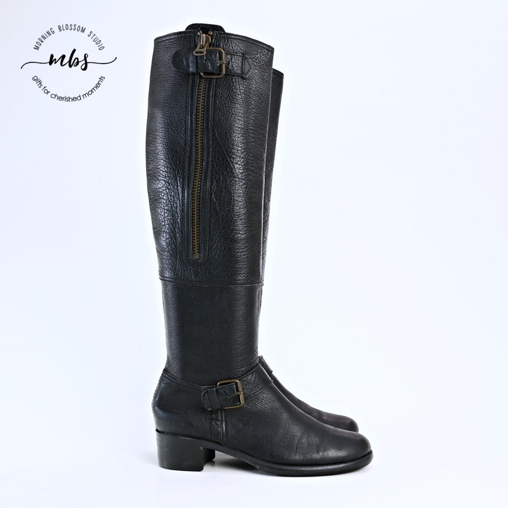 Vintage Leather  Moto‎ Buckle Side Zip Knee High Riding Boots Black Women EU 37